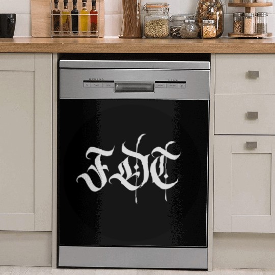 Ornate Gothic Lettering FDT in Light Grey on Black Dish Washer Covers