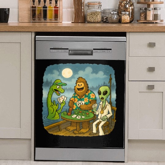 Bigfoot, Nessie and an Alien Play Poker - Cryptid Dish Washer Covers