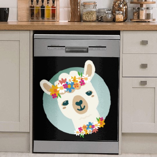 Floral Alpaca with Wreath – Cheerful Summer Motif Dish Washer Covers