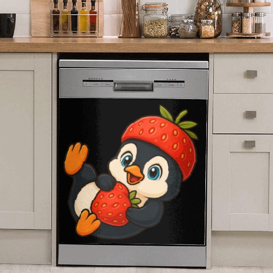 Cute penguin with fruity strawberry hat cartoon Dish Washer Covers