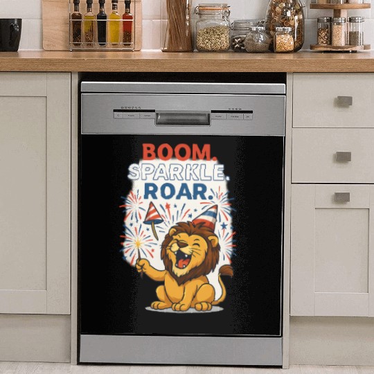 Boom Sparkle Roar – Cute Patriotic Lion with Firew Dish Washer Covers