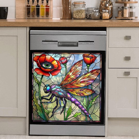 Dragonfly stained glass poppy flower insect eye Dish Washer Covers