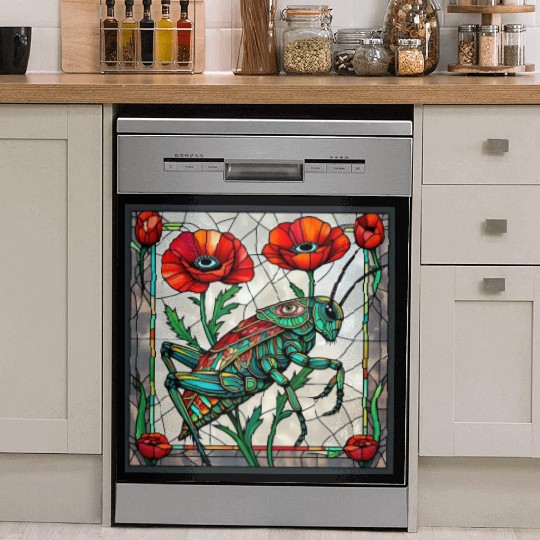 Grasshopper cricket stained glass poppy flower Dish Washer Covers