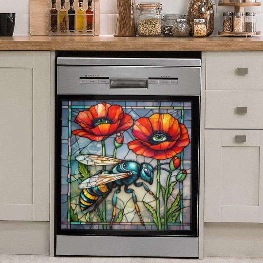 Wasp hornet bee stained glass vibrant poppy flower Dish Washer Covers