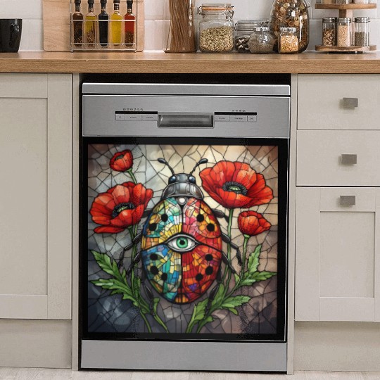 Ladybug stained glass vibrant poppy flower insect Dish Washer Covers