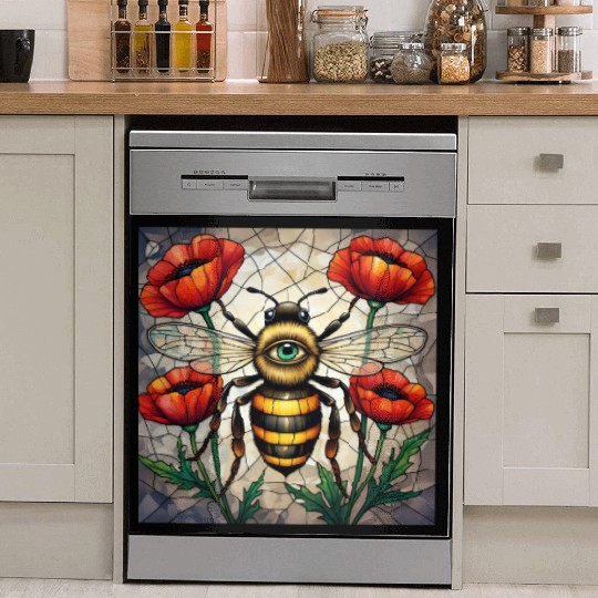 Bumble bee stained glass vibrant poppy flower eye Dish Washer Covers