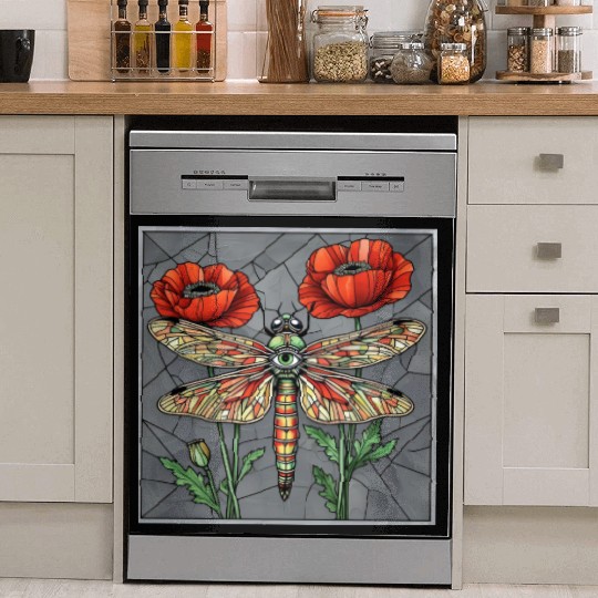 Dragonfly stained glass design vibrant poppy eye Dish Washer Covers