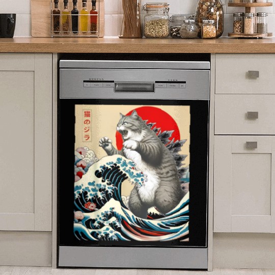 Catzilla Cat Japanese Art Funny Cat Dish Washer Covers
