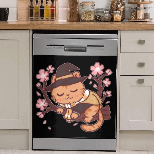 Whimsical Witch Cat in Cherry Blossom Tree Dish Washer Covers