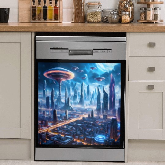 Cyberpunk World Cityscape with Alien Ufo Skies Dish Washer Covers