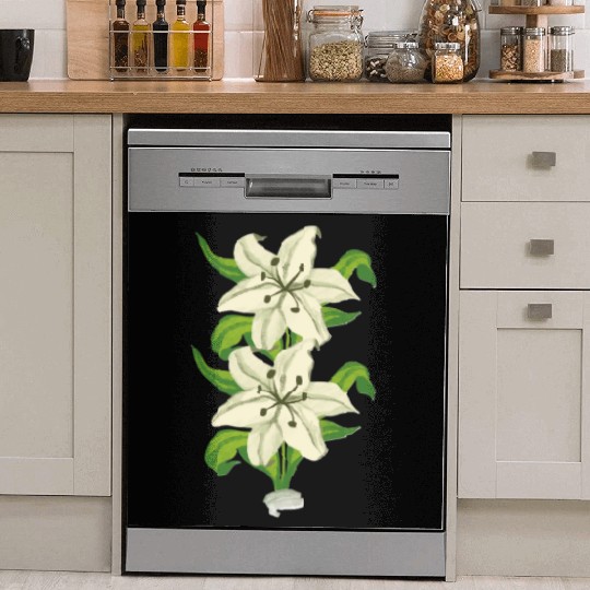 Elegant White Lily Botanical Illustration Dish Washer Covers