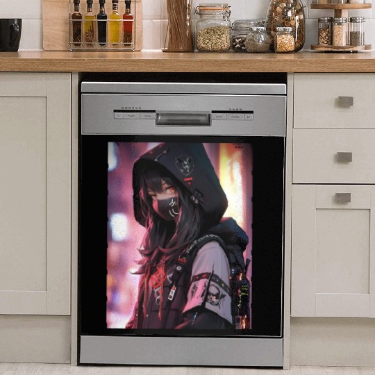 Cyberpunk Hooded Girl with Neon Accents Dish Washer Covers