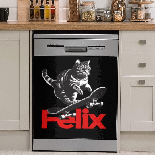 Cool Cat Skateboard with cute Boy Name FELIX Dish Washer Covers