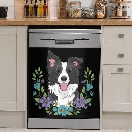 Playful Border Collie Floral Dish Washer Covers
