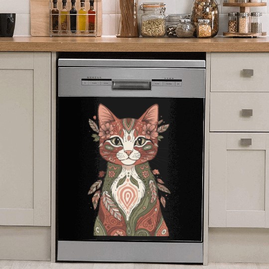 Boho Psychedelic Cat – Floral Hippie Design Dish Washer Covers