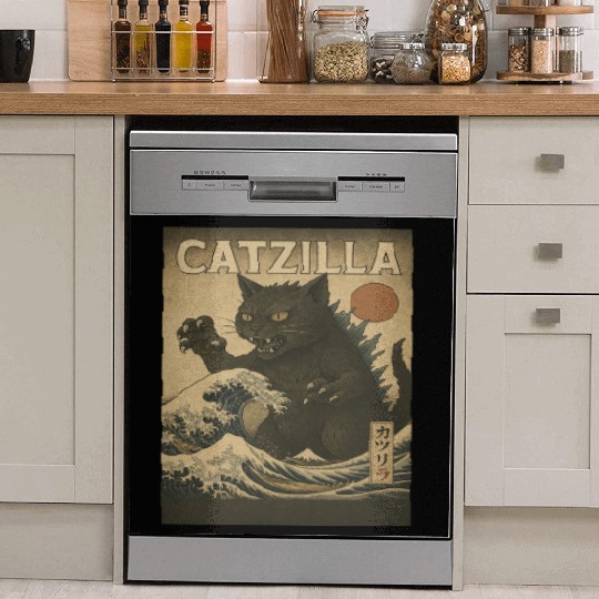 Ukiyo-e Catzilla Retro Japanese Monster Cat Dish Washer Covers