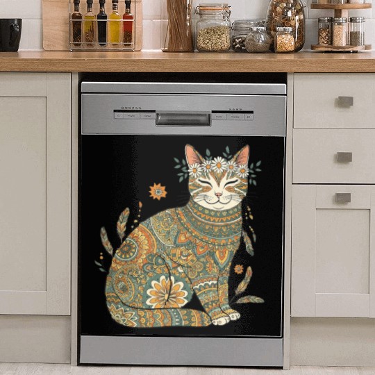 Boho Cat – Smiling Floral Mandala Design Dish Washer Covers