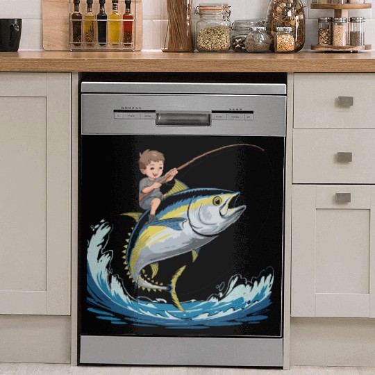 Joyful young boy rides massive jumping tuna Dish Washer Covers