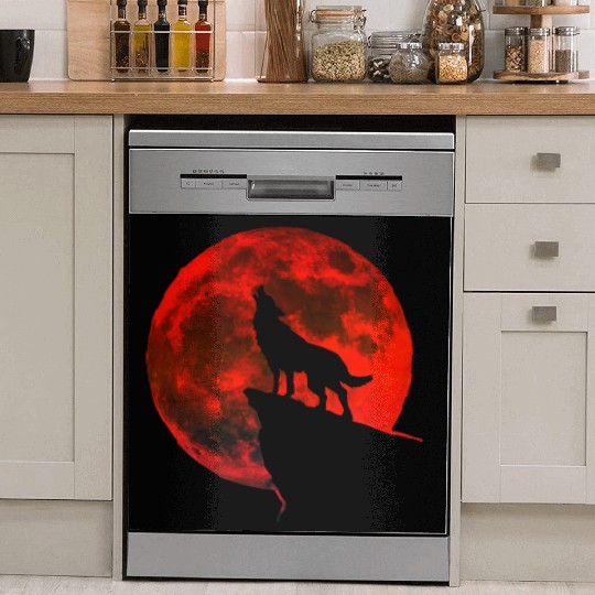 Howling wolf full blood moon space galaxy gift dog Dish Washer Covers