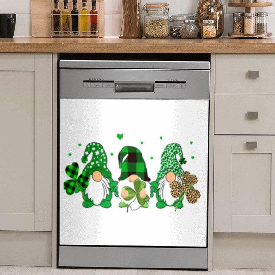 Three Gnomes Holding Shamrock Leopard Plaid Dish Washer Covers