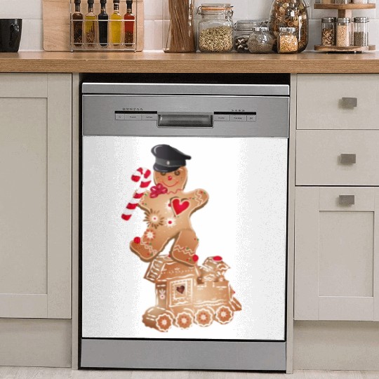 Gingerbread man as engine driver on the locomotive Dish Washer Covers