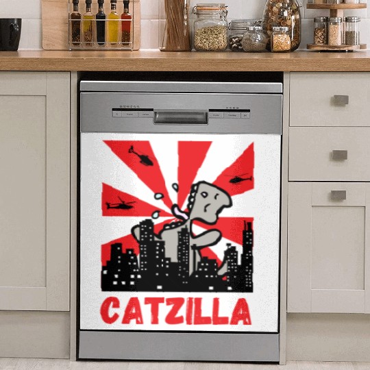 Catzilla funny cat Japanese Sunset Dish Washer Covers