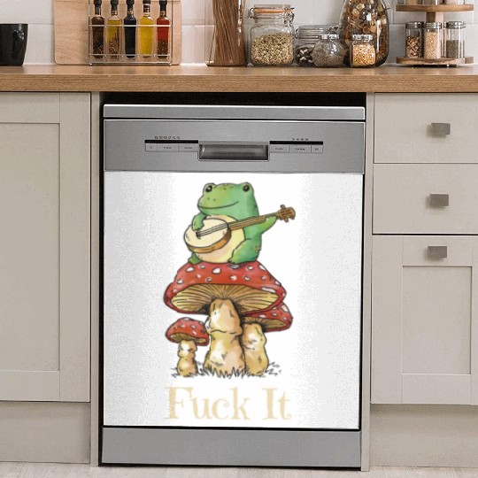 Cottagecore Frog Playing Guitar says Fuck It Dish Washer Covers