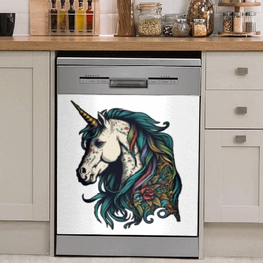 Unicorn elf mythical creature tattoo drawing horse Dish Washer Covers