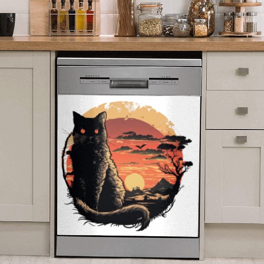 Catzilla Vintage Funny Cute black Cat Art Japanese Dish Washer Covers