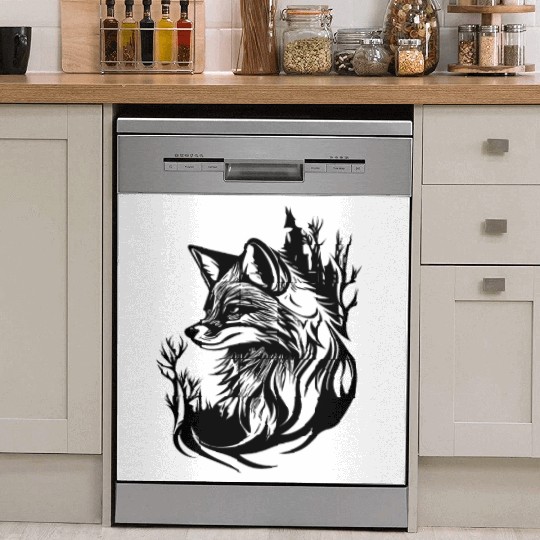 Pretty Cute Tattoo Style Fox In The Forest Dish Washer Covers