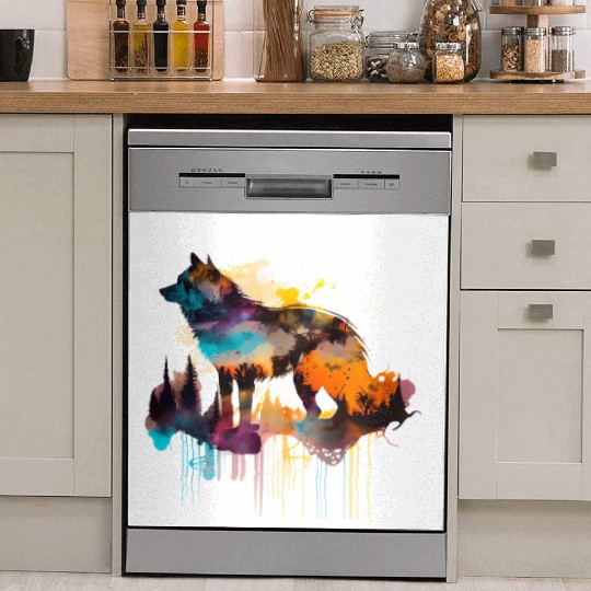 Mountain Wolf Multicolor Watercolor Portrait Dish Washer Covers