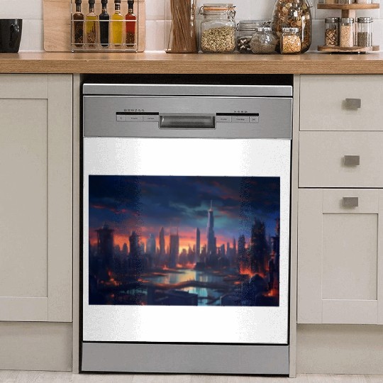 Chicago Post Apocalyptic Hues Cyberpunk Neon Dish Washer Covers