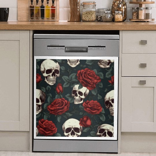 Dark Elegant Gothic Pattern Skulls & Red Roses Dish Washer Covers