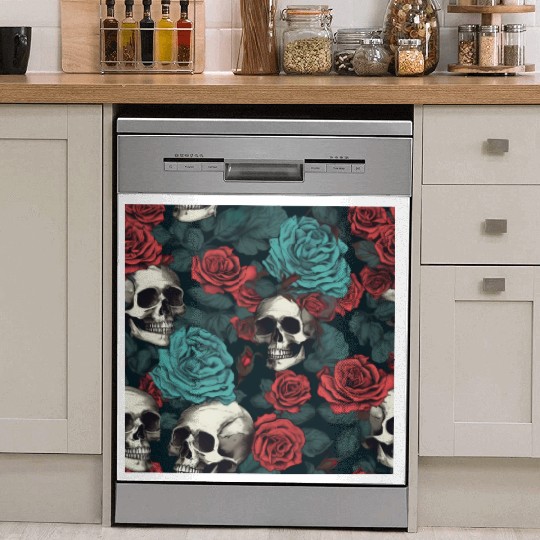 Gothic Skulls & Red Roses Pattern Dark Elegant Dish Washer Covers