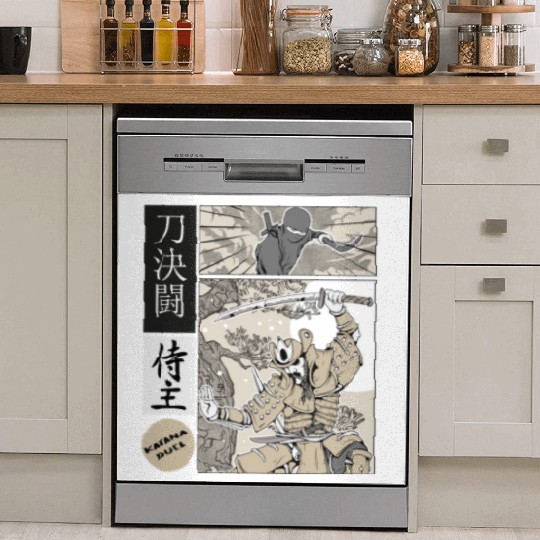 Katana Samurai Vs Ninja Warrior Comic Strip style Dish Washer Covers