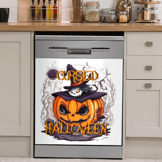 Cursed Halloween scary pumpkin with hat Dish Washer Covers