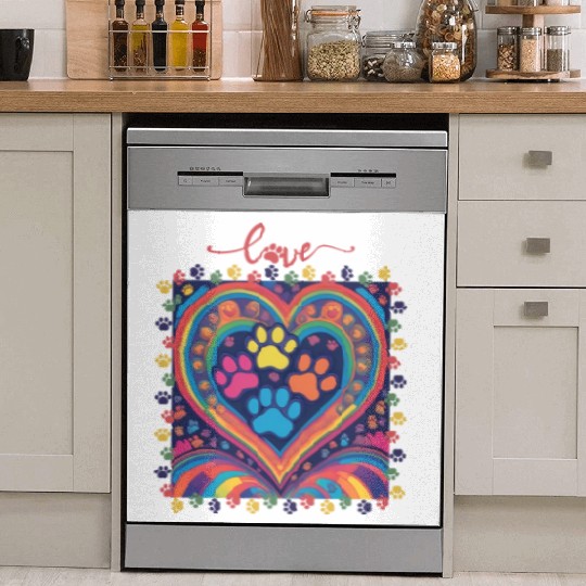 Rainbow Heart Love paw prints Dish Washer Covers