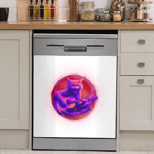 Rock Cat Playing Guitar Dish Washer Covers under the red moon
