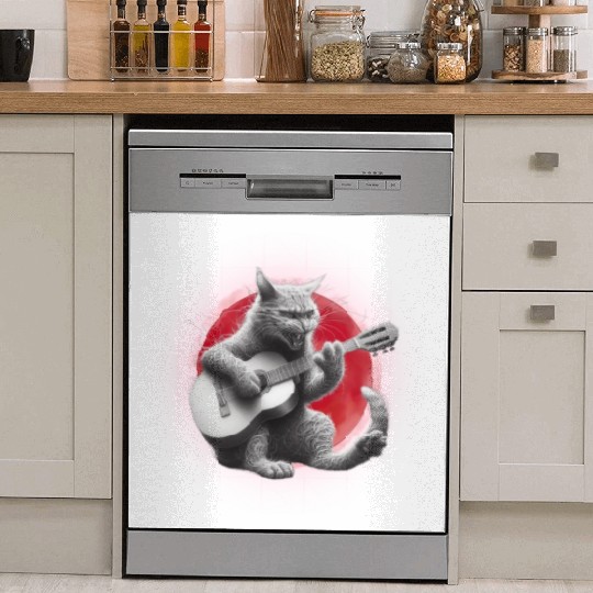 Rock Cat Playing Guitar Dish Washer Covers under the red moon