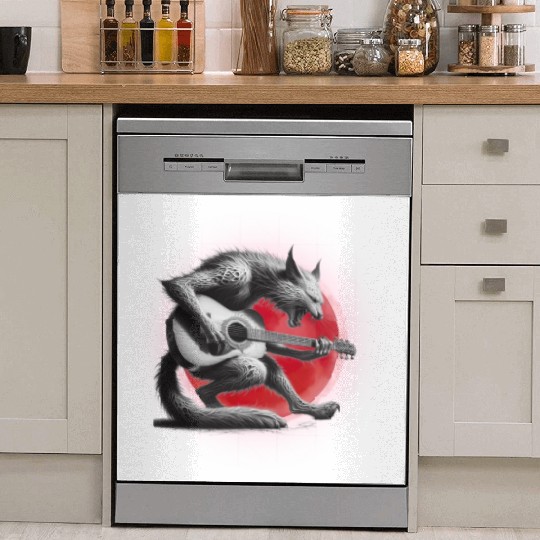 Rock Cat Playing Guitar Dish Washer Covers under the red moon
