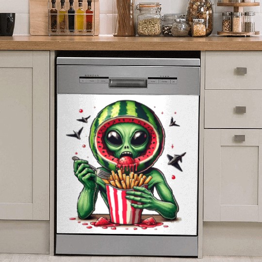 Alien with watermelon helmet eats fries Dish Washer Covers
