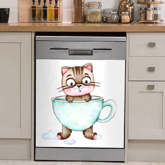 Surprised Silly Cat Wearing Coffee Cup Dish Washer Covers