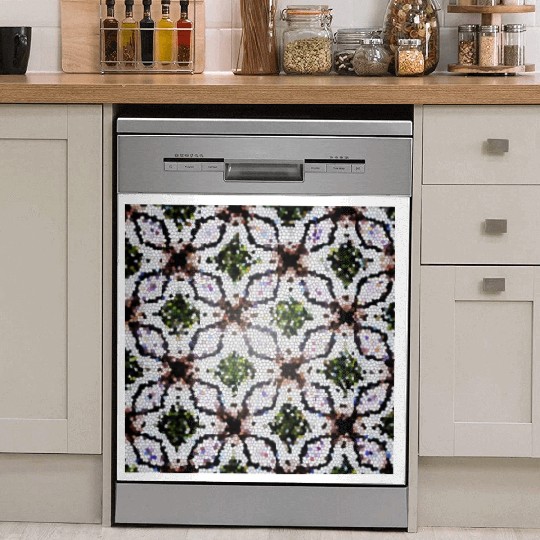 stained glass print in greens and roses Dish Washer Covers