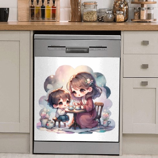 Mother and Son Enjoying a Cozy Tea Party Dish Washer Covers