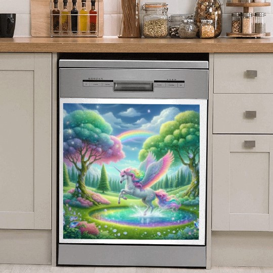 Enchanted Rainbow Unicorn Over Sparkling Pond Dish Washer Covers