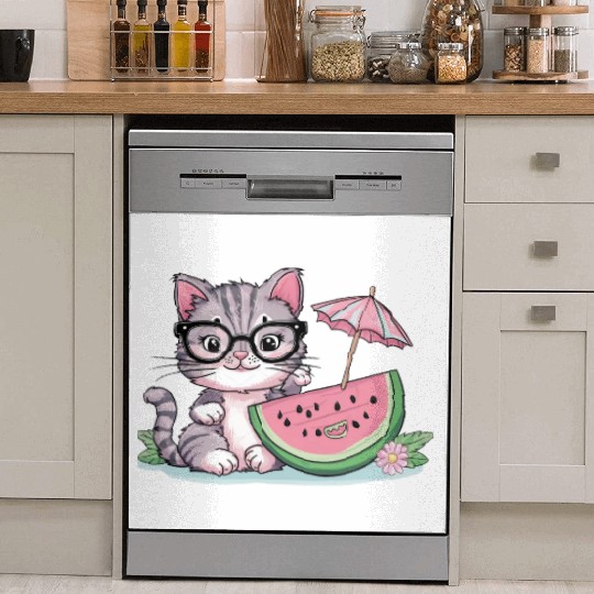 cute kitten an watermelon slice vector illustratio Dish Washer Covers