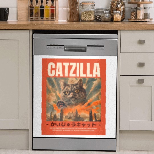 Catzilla Vintage Japanese Funny Angry Cat Dish Washer Covers