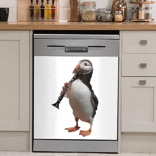 Atlantic Puffin Playing Clarinet Realistic Dish Washer Covers