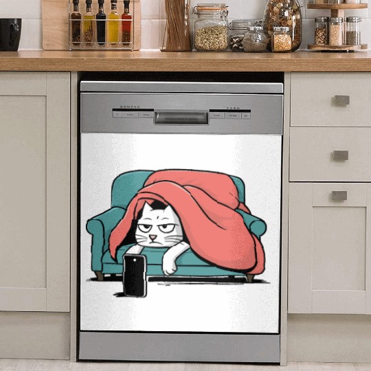 Bored Cat on Couch With Smart Phone Dish Washer Covers