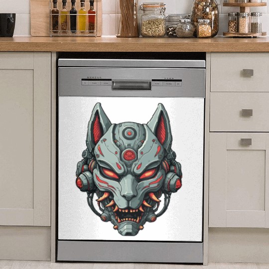 Kitsune Cyberpunk Mask: Mecha Robot Warrior Dish Washer Covers